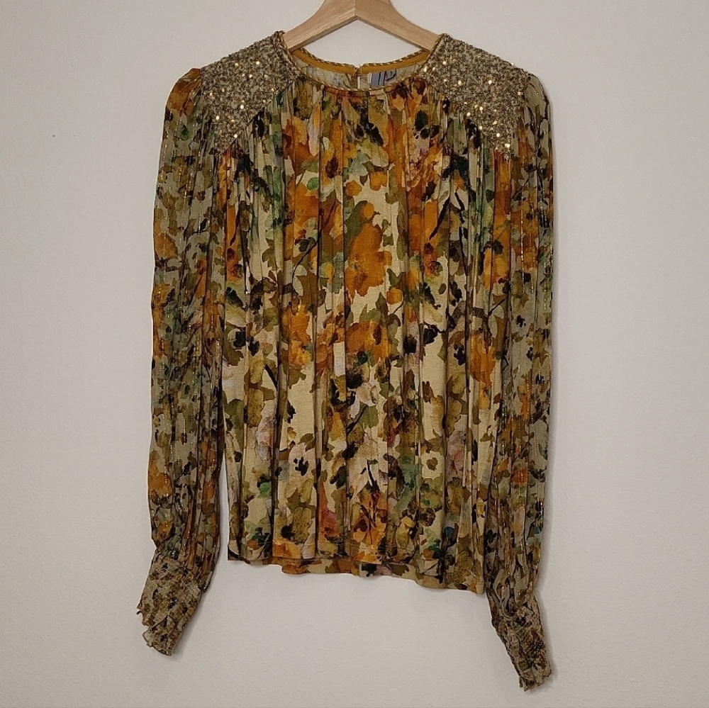 Anthropologie Floral Sequin Blouse in Gold and Cream - Picture 4 of 12